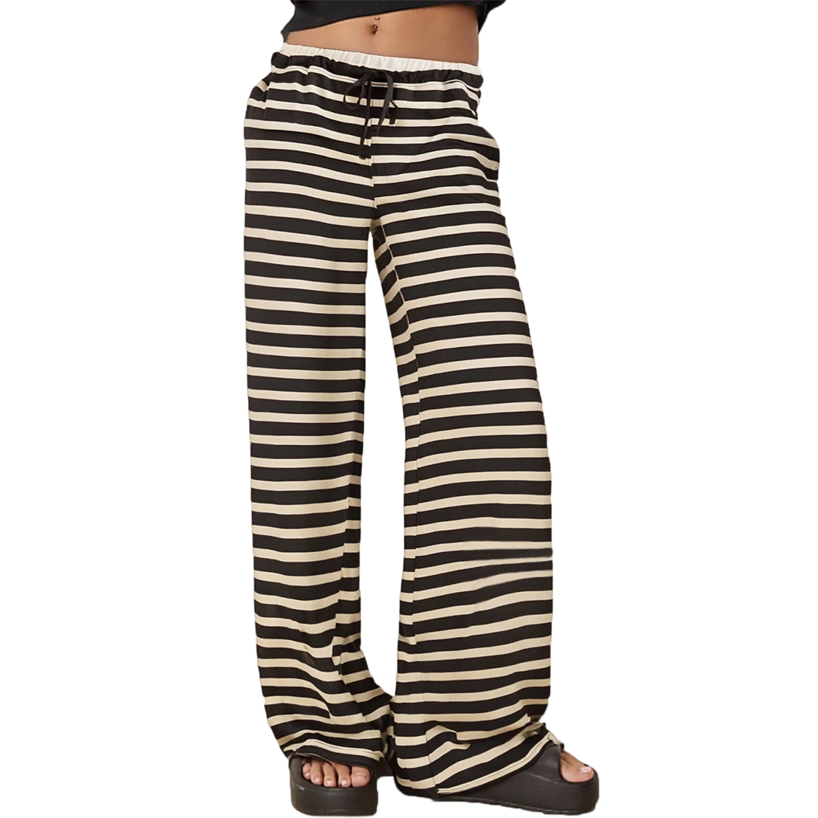 سراويل نسائية مخططة واسعة الساق عصرية كاجوال فضفاضة تناسب الرباط منخفضة الخصر مع جيوب