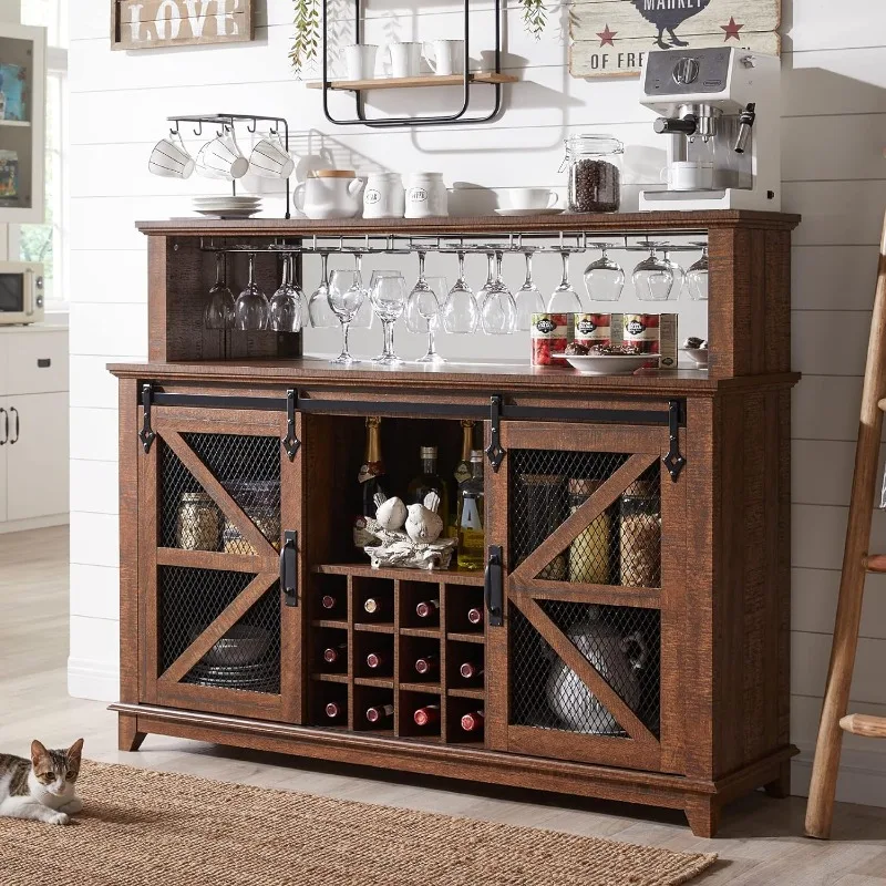 Farmhouse Coffee Bar Cabinet with LED Lights, 55