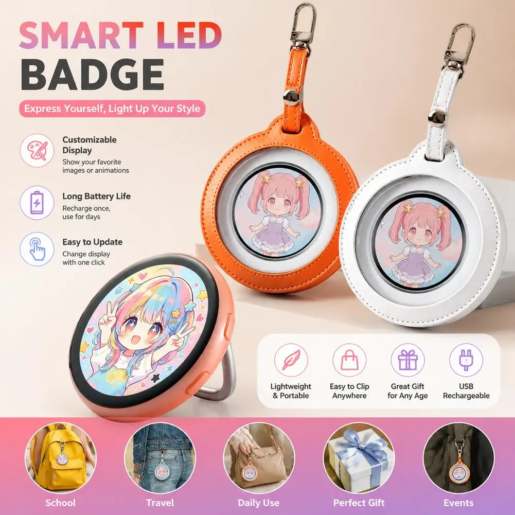 Anime Digital Badge, Anime Style Digital Pin with Photo, Video Display, HD Touchscreen E-Badge, for Party, Cosplay, Fandoms