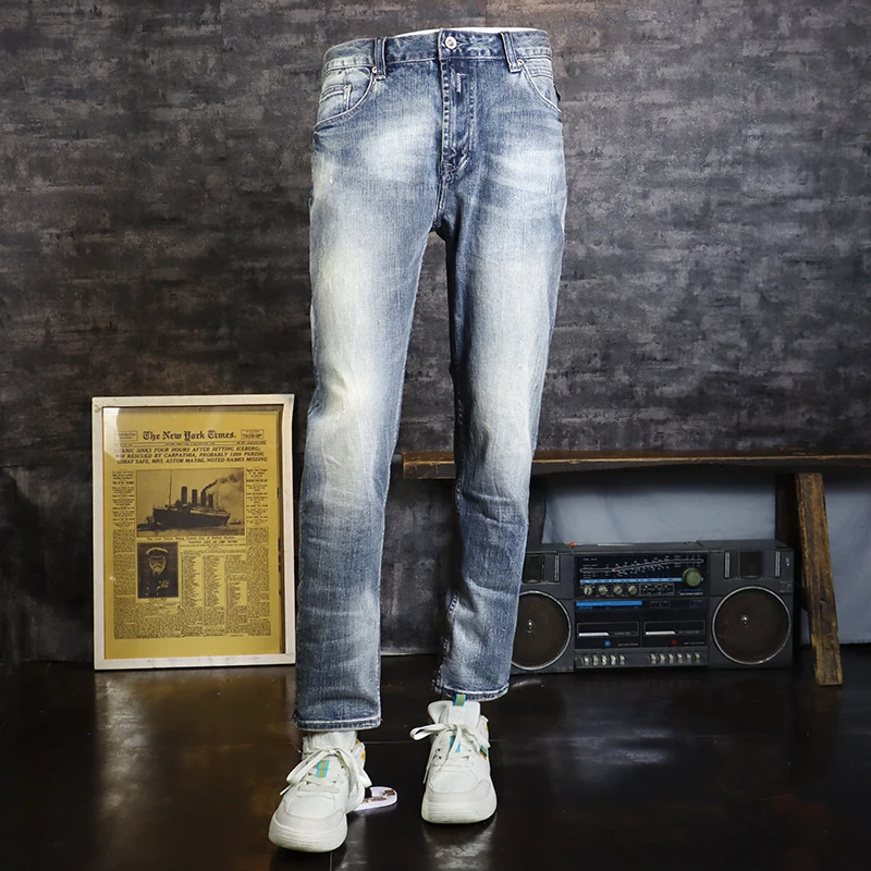 Fashion Designer Men Jeans Retro Blue Elastic Slim Fit Spliced Vintage Jeans Men Korean Style Casual Denim Pencil Pants Hombre