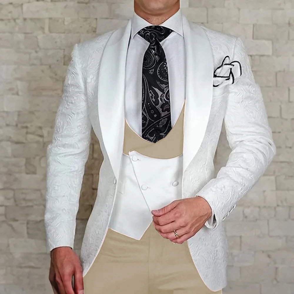 

White Floral Jacket Men Suit Slim Fit Wedding Tuxedo Shawl Lapel Groom Party Suits Costume Homme Best Man Blazer Sets