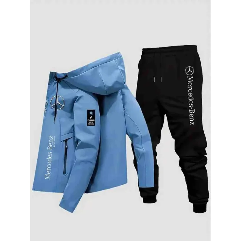 

Mercedes-benz Men's Casual Polyester hooded Windbreaker set: Hooded, full zipper front pocket with zipper, windproof and dry