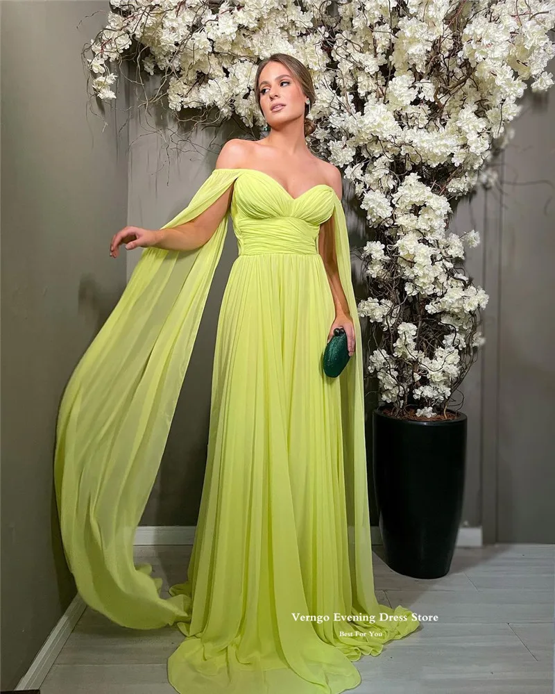 Verngo Sexy Off the Shoulder Lemo Yellow Chiffon Long Prom Dresses Cape Sleeves Arabic Women Formal Evening Gowns Beach Party