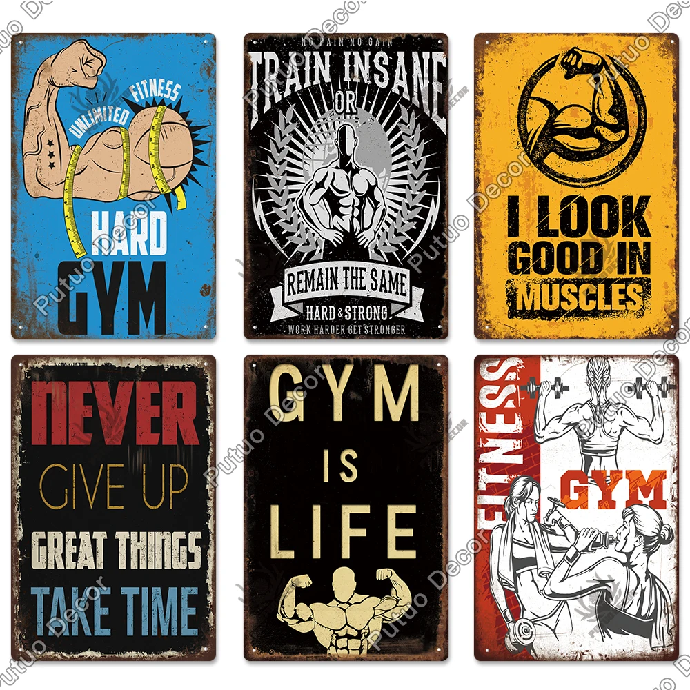Putuo Decor Gym Vintage Signs Metal Plates Retro Posters Work Out Wall Art Decorative for Home Man Cave Gym Room