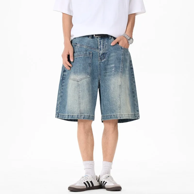 Minimalist Men's Denim Shorts Whisker Fading Washed Blue Baggy Fit Knee Length Casual Streetwear Shorts