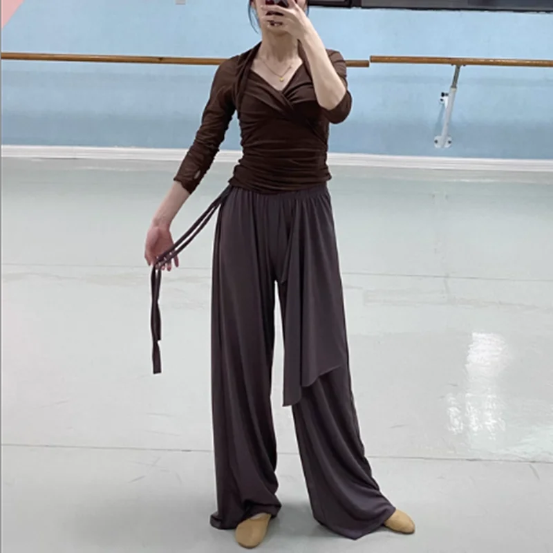 Flowy Chinese Folk Hanfu Pants Modern Dance Trousers Flowy Two Layers Skirt Loose Wide Leg Teacher Traning Clothes Practice XL