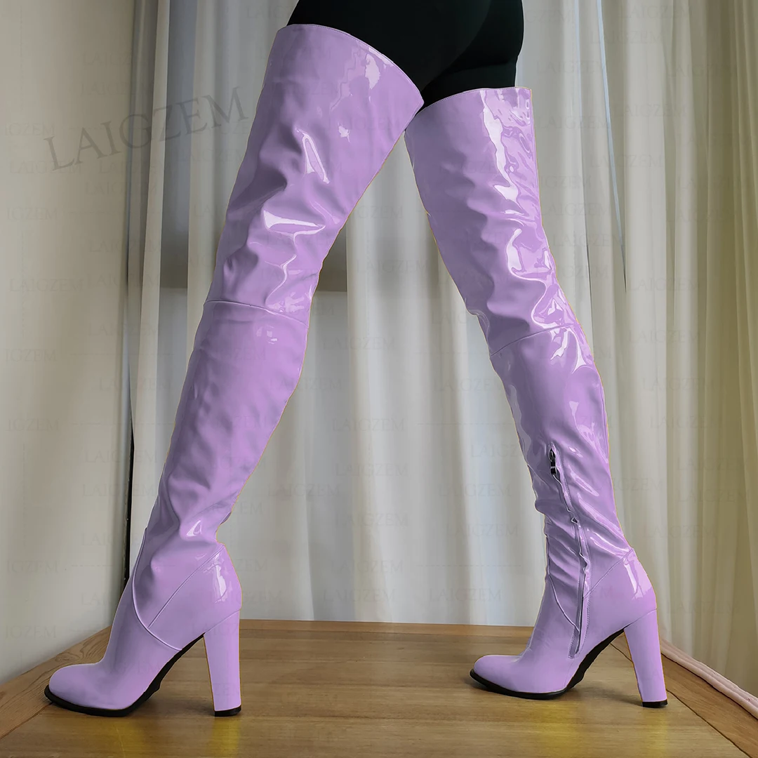 LAIGZEM Women Thigh High Boots Round Toe Shiny Thick High Heels Over Knee Boots Handmade Ladies Shoes Woman Big Size 41 44 47 52 image 3
