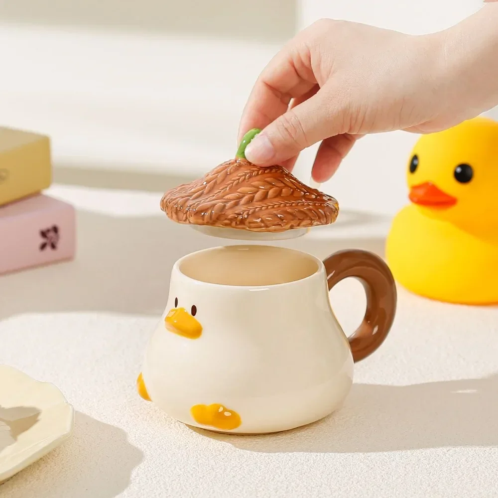 Cartoon Cute Little Duck Ceramic Mug with Lid for Office and Home Use Coffee Cup, Duck Pear Big Silly Cute Couple Drinkware