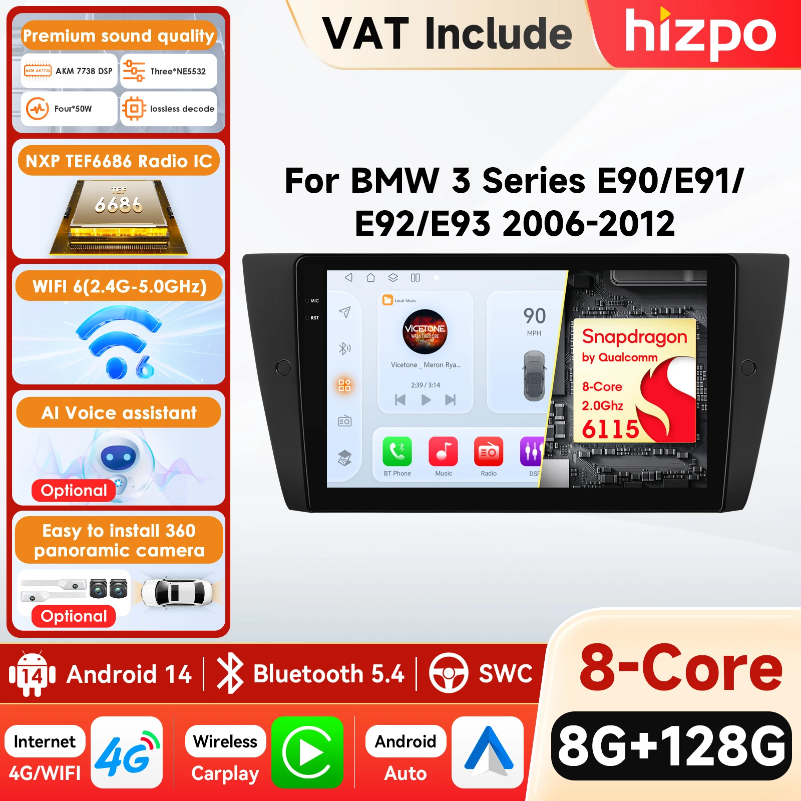 Reproductor Multimedia para Automóvil Android 8G+128G para BMW Serie 3 E90 E91 E92 E93 2006-2012, Navegación GPS, Unidad Principal de Audio Estéreo, AutoRadio