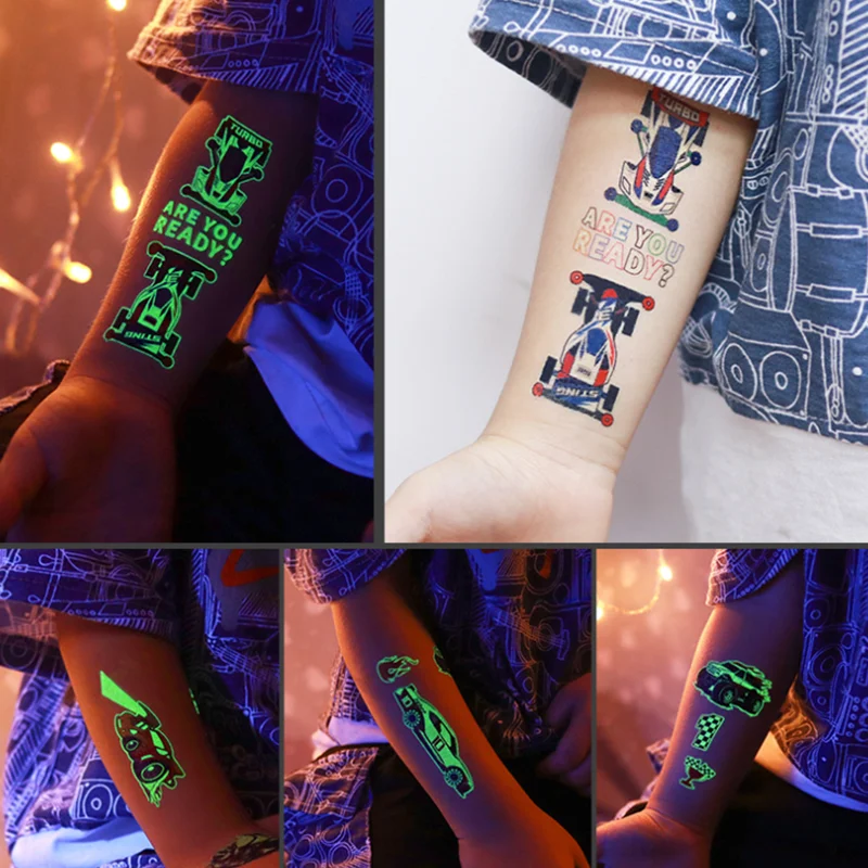 Luminous Tattoo Stickers Waterproof Cool Racing Motorcycle Boy Tattoo Fun Glowing In The Night Party for Kids Face Arm New