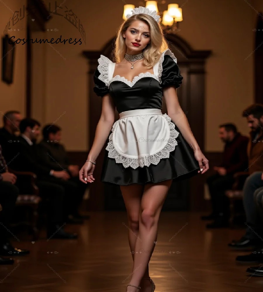 

Chic French Maid Dress Black And White Apron Short Prom Dress 2026 Elegant Dinner Party Evening Wear Sexy Cosplay Cocktail Dress