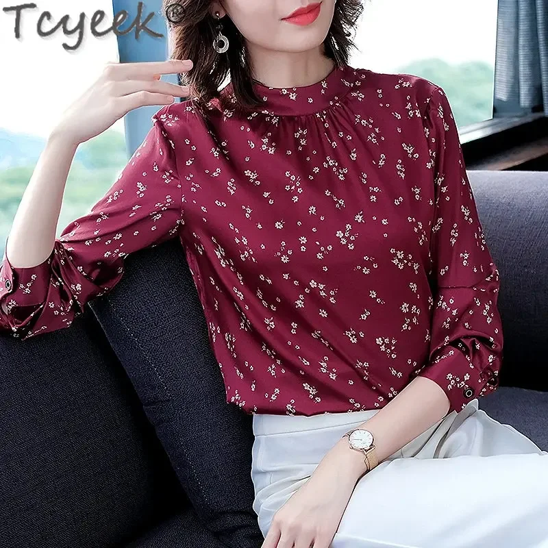 Tcyeek Elegant 100% Mulberry Silk Blouse Women Long Sleeve Top for Women Clothing 2023 New Printed Fashion Shirts Camisa Mujer