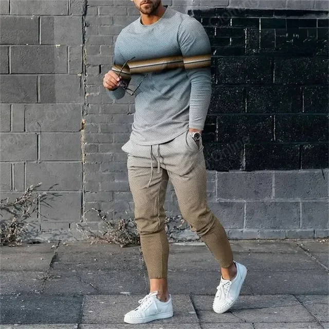 Man’s Suit T-Shirt Long Sleeve 2 Piece Set 3D Print Stripe Streetwear Casual Tracksuit Man Oversized Tops Basketball Sweat pant