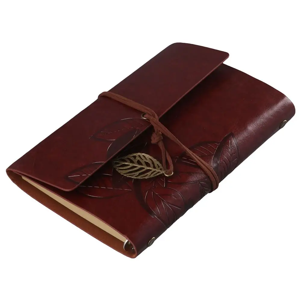 Cute Diary Notepad Sketch Book, Leaf Embossed and Retro Pendants Book, Leather Journal Notebook