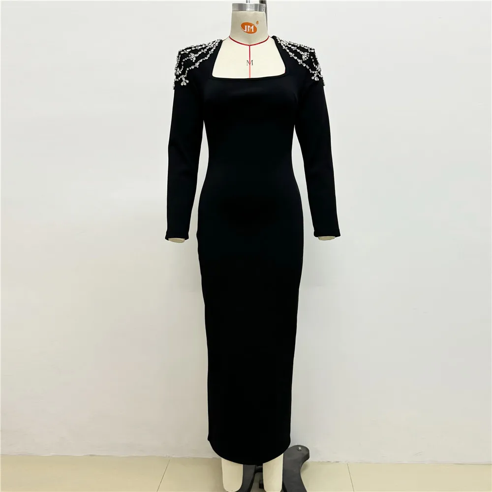 New Luxury Diamonds Tight Long Sleeve Triangle Neck Long Black Bandage Dress Women Wedding Evening Formal Gowns Party Dresses