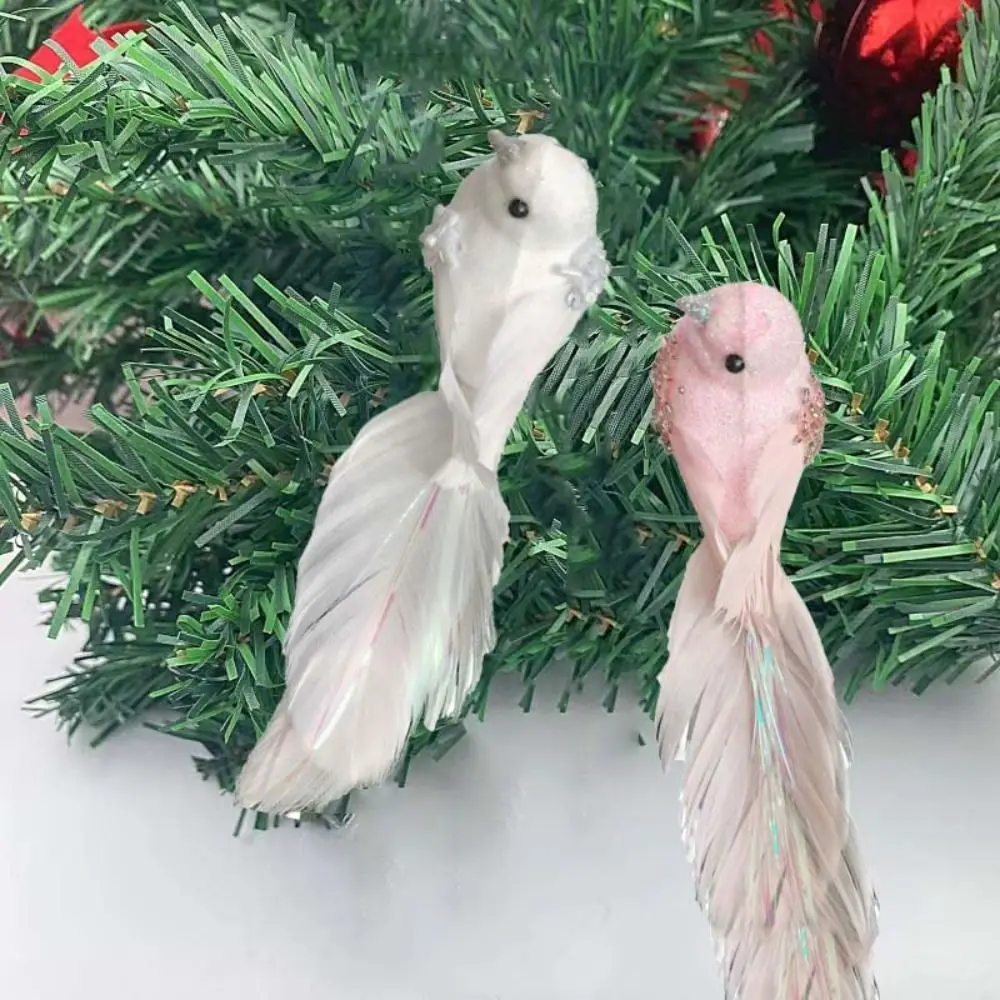 Glitter Simulated Foam Feather Bird Artificial with Clip Christmas Tree Bird Decoration Lightweight Long Feather Tail