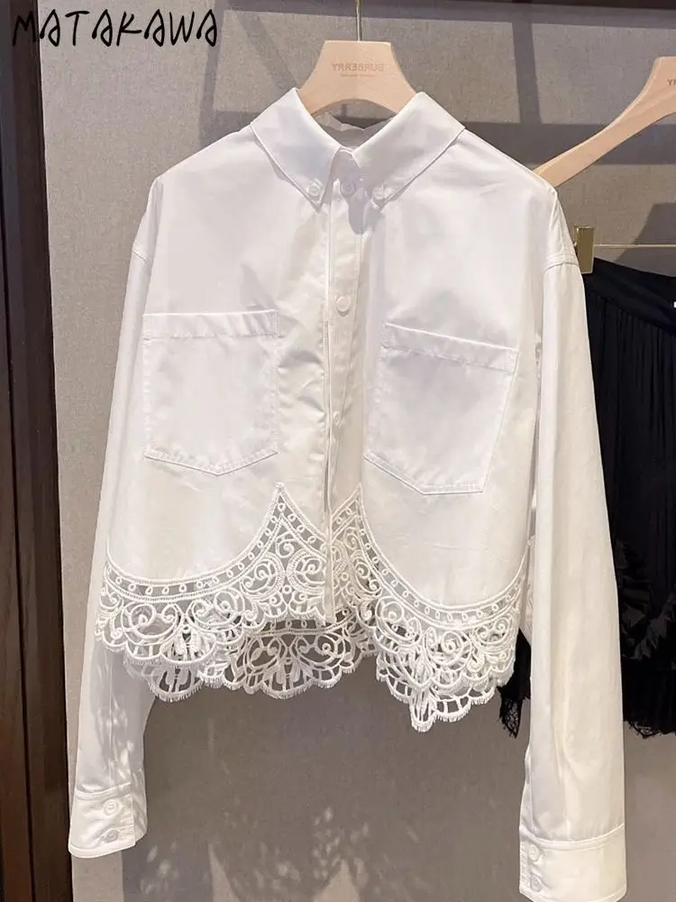 Matakawa Lace Patchwork Women Shirts&blouses Solid White Korean Fashion Elegant Blusas Mujer Spring Autumn Sweet Camisas