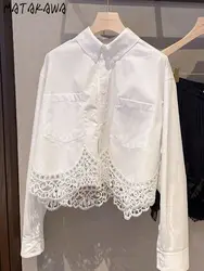 Matakawa Lace Patchwork Women Shirts&blouses Solid White Korean Fashion Elegant Blusas Mujer Spring Autumn Sweet Camisas