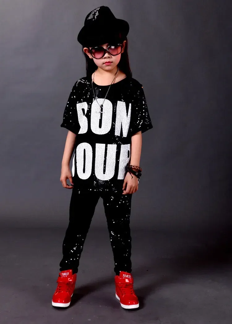 Girls Boys Sequins Modern Jazz Dance for Girl Outfits Tops Pants Ballroom Hip Hop Dancing Suit kids Stage wear Costumes Clothing