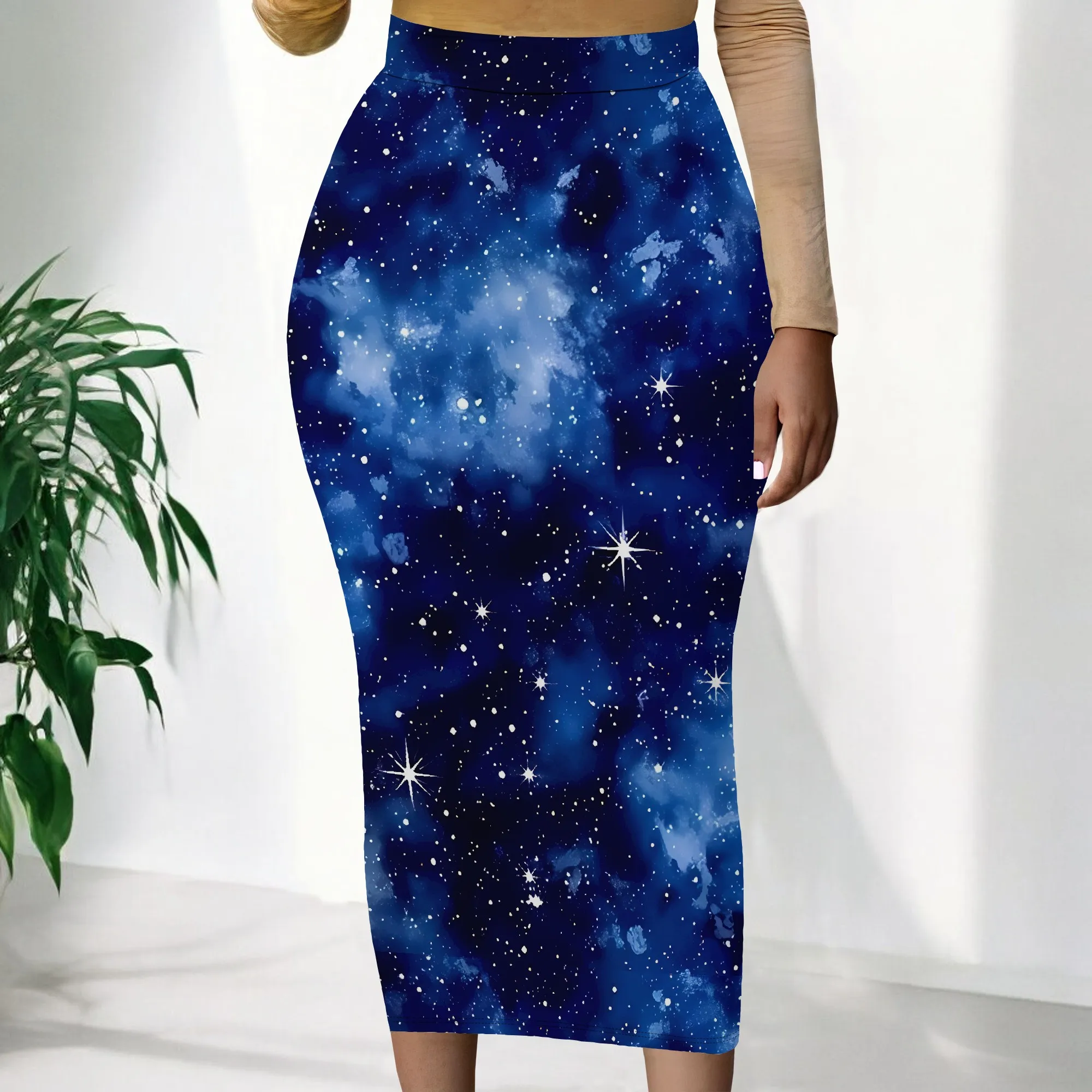 

EQQZD Sexy Bodycon Skirt, Dreamily & Dazzling Starry Sky Printed Midi Skirt For Women, Summer Stylish Casual Skirt