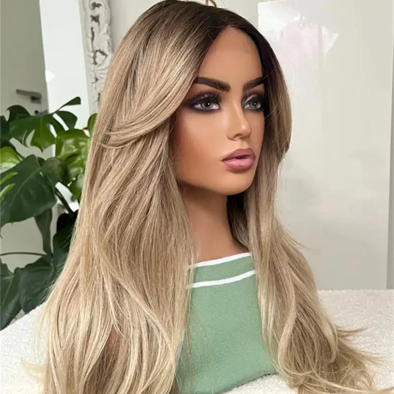 วิกผมธรรมชาติแบบไม่ต้องใช้กาวสำหรับผู้หญิง สีน้ำตาลออมเบร ไฮไลท์สีบลอนด์ วิกผมสังเคราะห์เนื้อนุ่ม วิกผมลูกไม้ด้านหน้าแบบ HD  พร้อมไรผมที่ถอนมาแล้ว