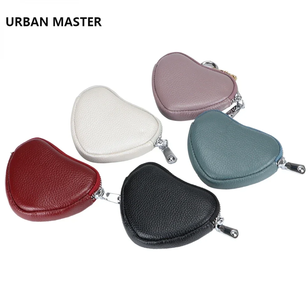 URBAN MASTER – porte-monnaie en cuir véritable pour femmes, couleur unie, mignon portefeuille en forme de cœur, fermeture éclair autour du sac de rangement avec porte-clés 1635