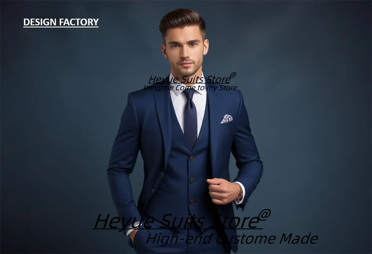 High-end Navy Blue Business Men Suits Slim Fit Peak Lapel Groom Wedding Tuxedos 3 Pieces Sets Elegant Male Blazers Costume Homme