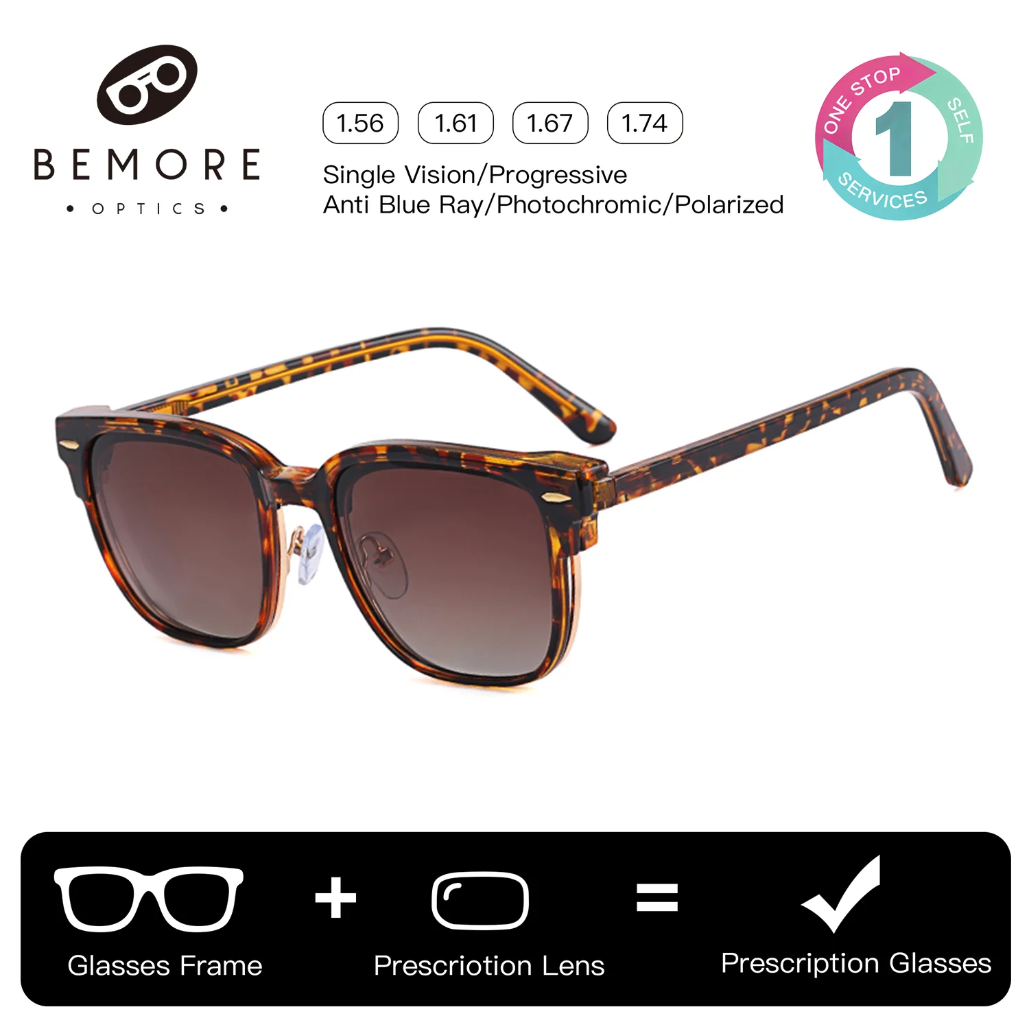 

BEMORE Unisex Clip on Prescription Sunglass Square Handmade Acetate Anti-Blue Light Photochromic Progressive Multifocal Glasses