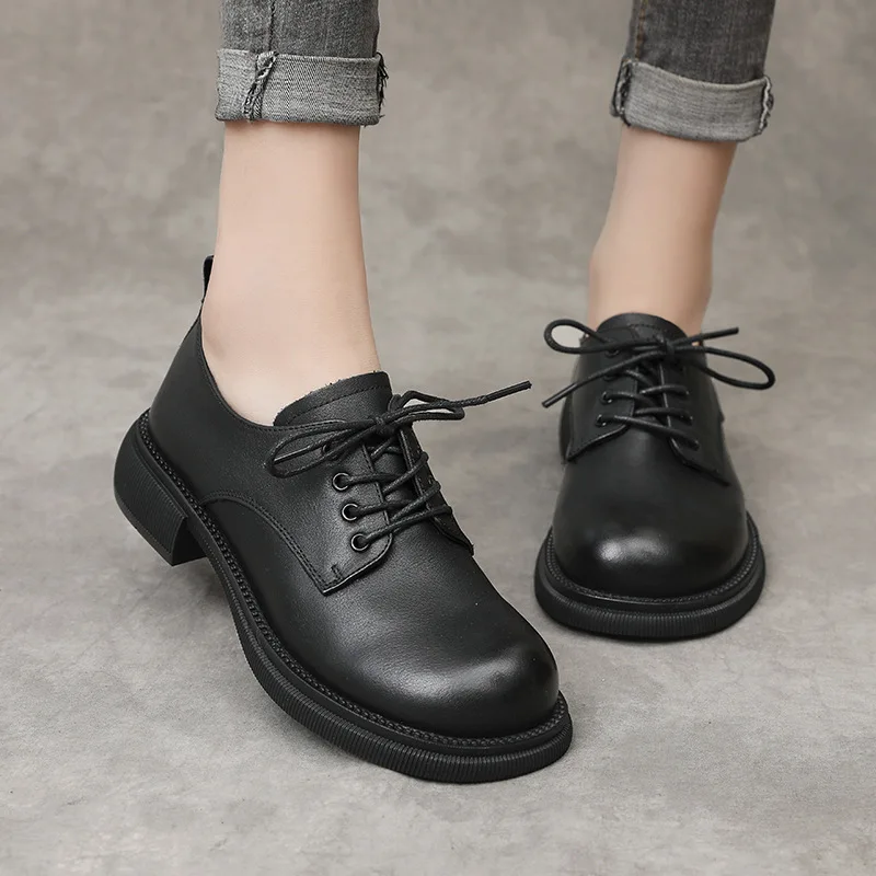 النمط البريطاني الدانتيل متابعة قسط أحذية من الجلد الطبيعي امرأة الشقق 2025 جديد أنيق مريح حذاء كاجوال مسطح أسود #1