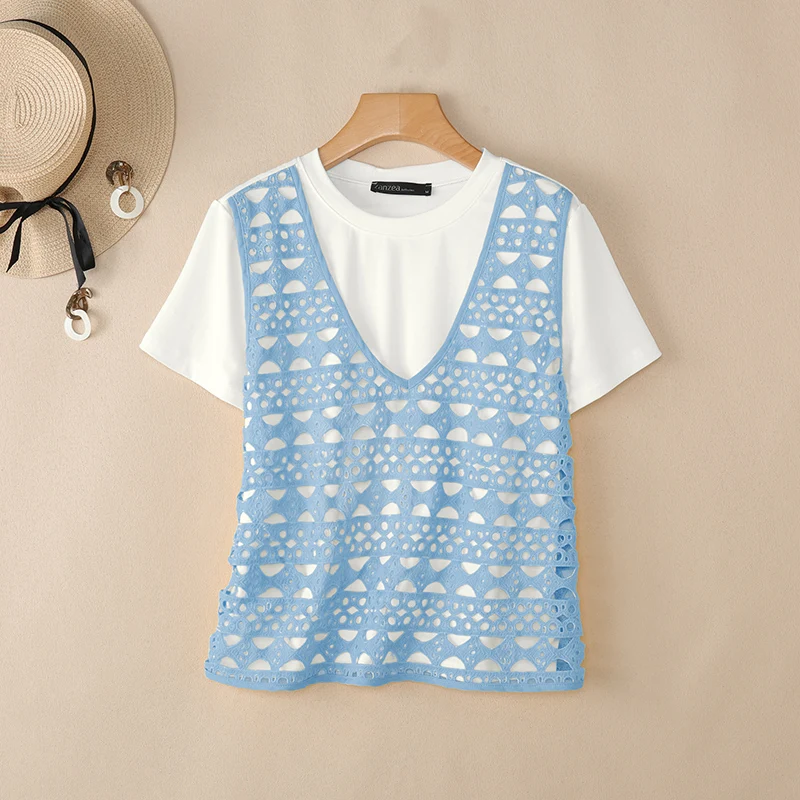 ZANZEA Summer Hollow Out Patchwork Tops Stylish Women Fake 2 Pieces Blouse Casual O Neck Short Sleeve Loose Shirt Holiday Mujer