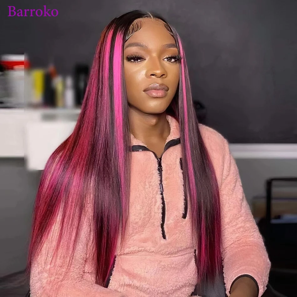 Barroko Highlight Pink 1B Colored Lace  Wig Straight 13x6 Transparent Lace Human Hair Wig Brazilian Remy Hair 180% Pre Plucked