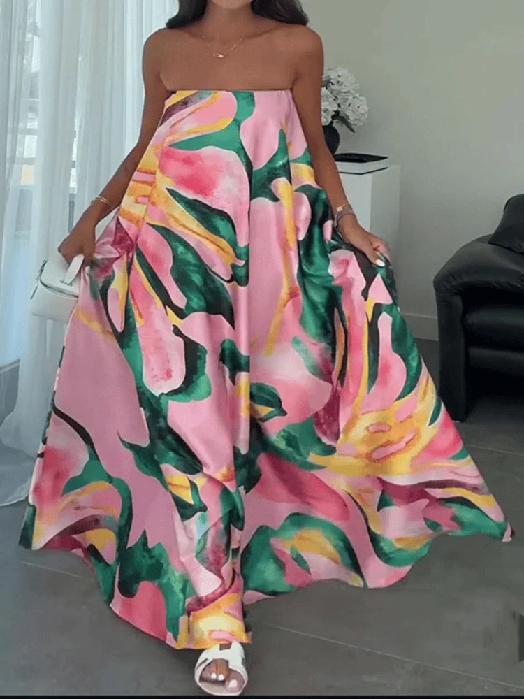 Elegancka sukienka bez ramiączek i rękawów, idealna na wakacje, damska moda, wzorzysty nadruk, drapowana długa sukienka 2026, seksowna sukienka bez pleców, luźna sukienka w stylu bohemy.