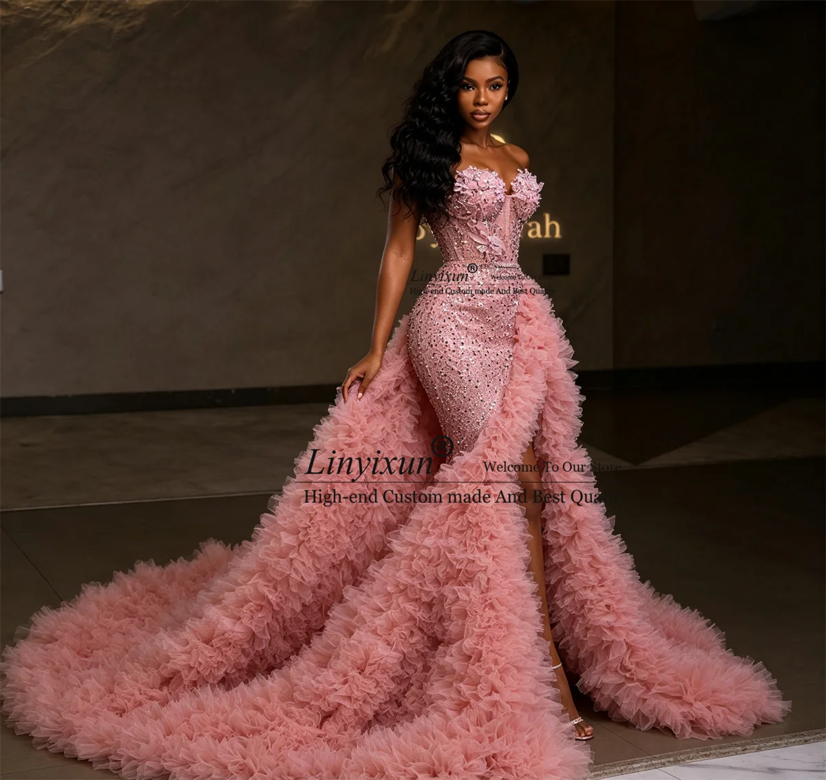 Glitter Crystal Diamond Prom Dresses For Black Girl Customized Evening Gala Gown Aso Ebi Sequin Ruffles Slit Wedding Party Dress