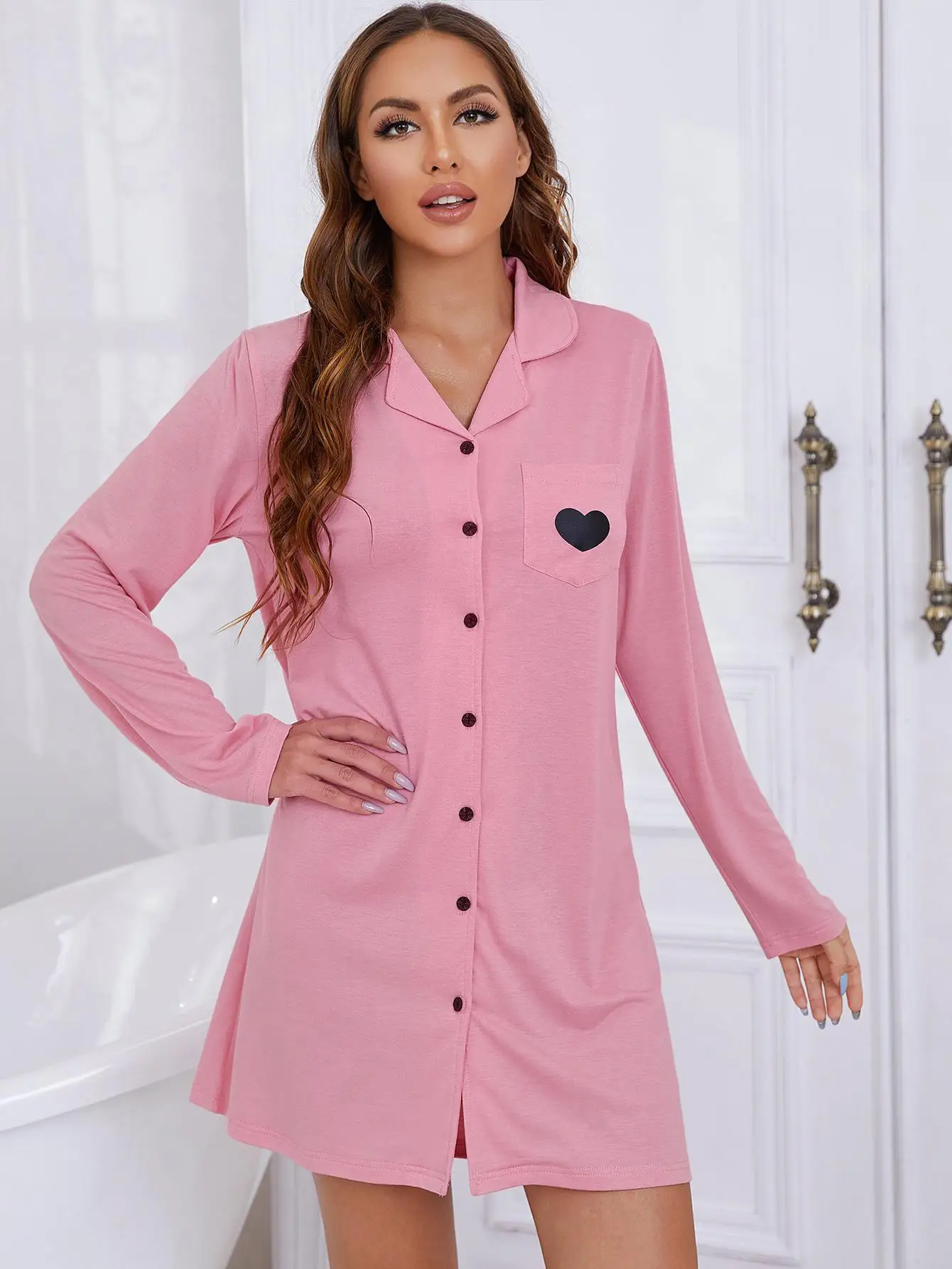 Notched Collar Women's Nightgown Boy Friend Nightwear Shirt Solid Long Sleeves Sleepwear Front Button Homewear Suit Cloth