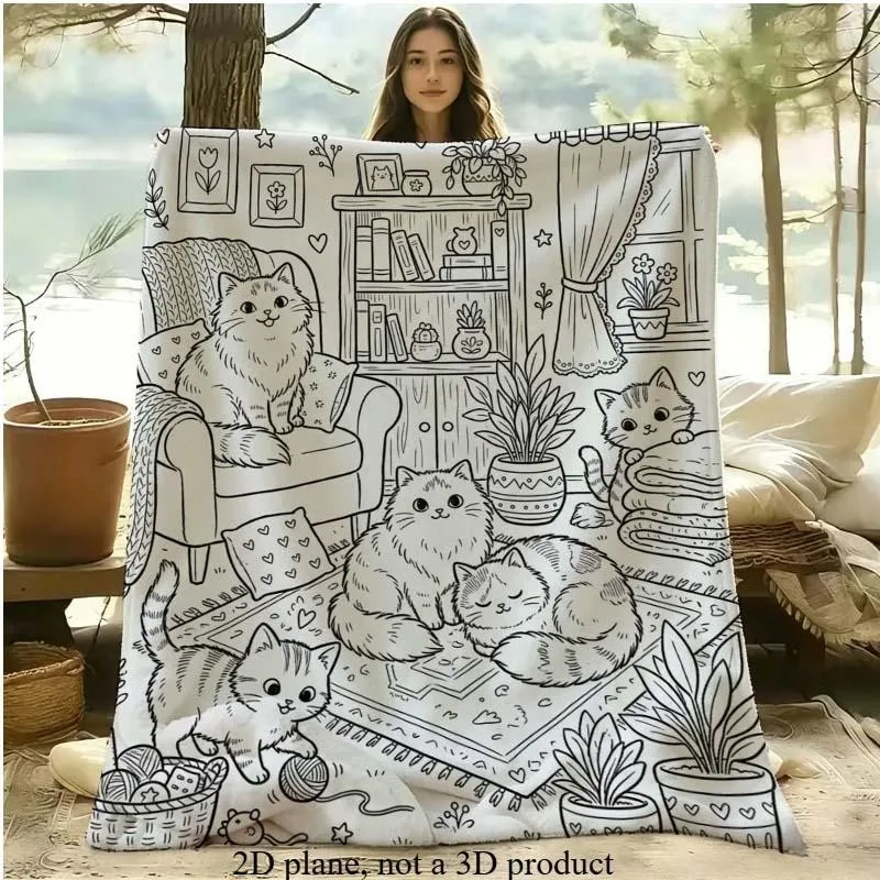 White‑Background Cat Print Throw Blanket, Soft Flannel Blanket for Travel, Camping and Home Use, Cozy Household Essential