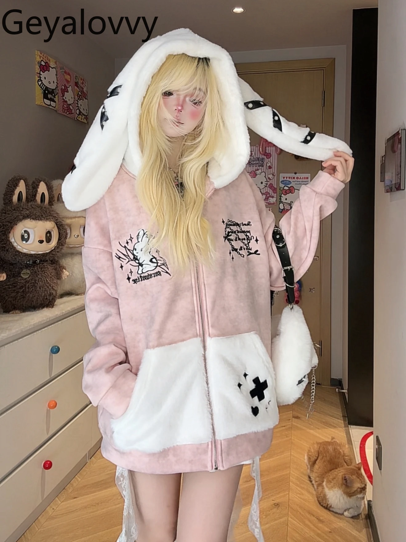 

Unique Original Cartoon Rabbit Ear Hooded Plush Cardigan Sweatshirt Autumn Winter New Sweet Loose Versatile Zipper Jacket