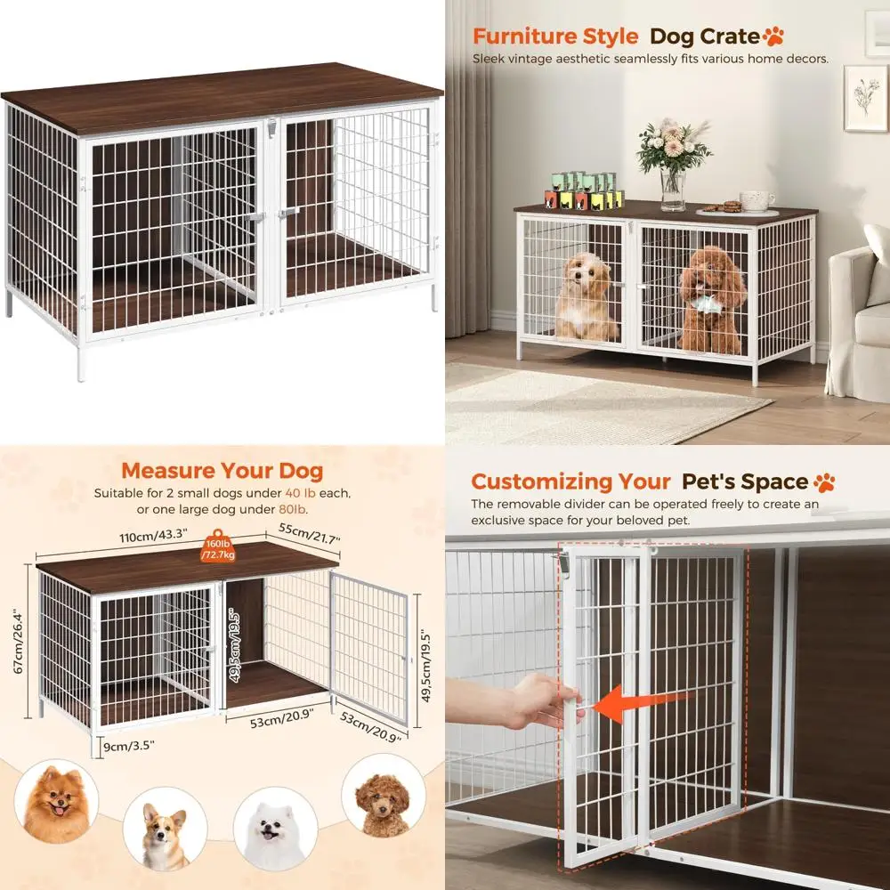

Sturdy Double Dog Crate Furniture with Removable Divider for Small to Medium Breeds, 43.3 Kennel