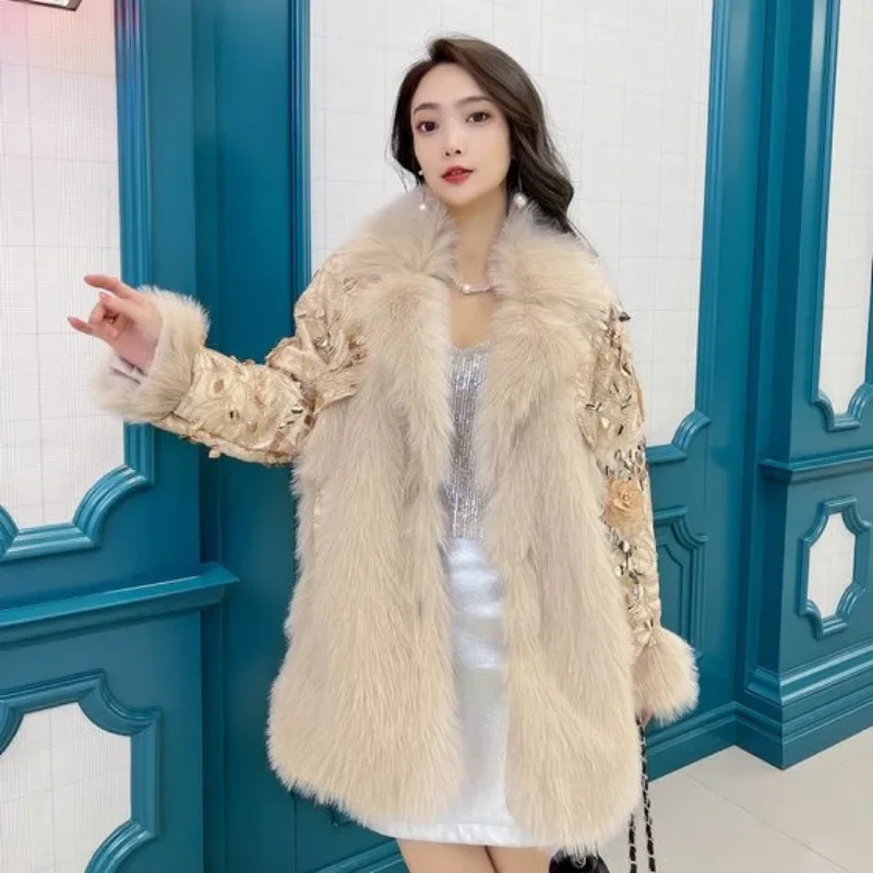 Mid Length Faux Fur Coat for Women, Loose Outwear, V-neck, Sense of Design Jacket, Thick Warm Casual Top, Winter Fashion, New