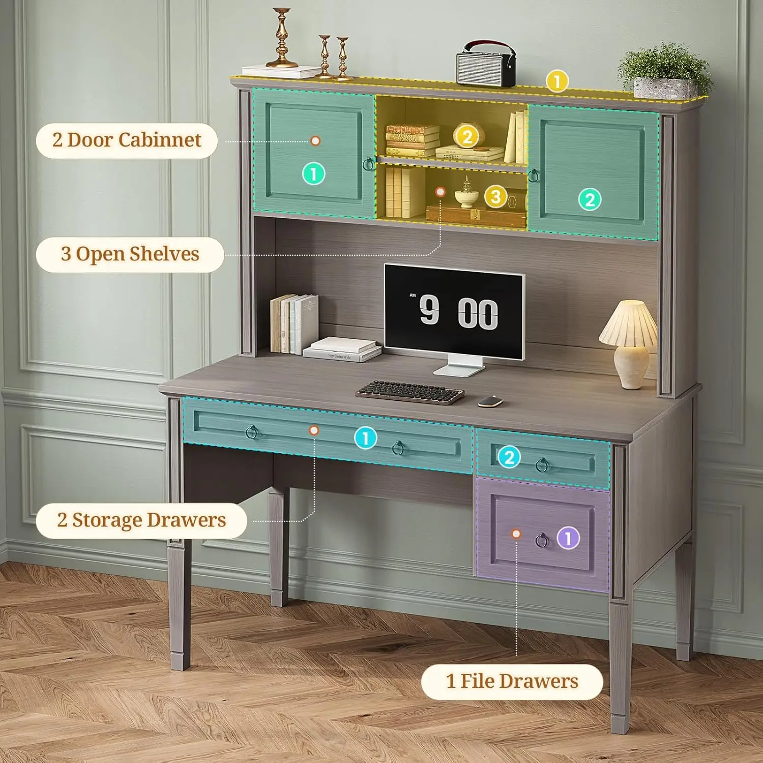 مكتب تنفيذي للمزرعة، مكتب مكتب مقاس 47.3 بوصة مزود بخزانة و3 أدراج، مكتب منزلي خشبي مع درج ملفات، وخزانة تخزين و