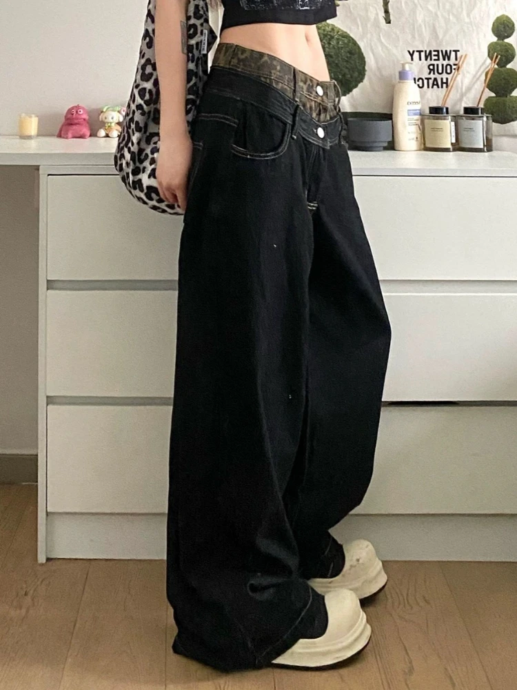 ADAgirl Leopard Fake Two Piece Denim Pants Women Y2k Vintage Baggy Jeans Korean High Waist Loose Straight Hip Hop Casual Trouser