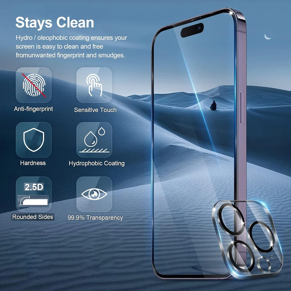 [3 +1] proteção de tela hd para iphone 16 15 14 13 12 11 pro max filme de lente de câmera de vidro temperado para iphone16 plus 13 mini