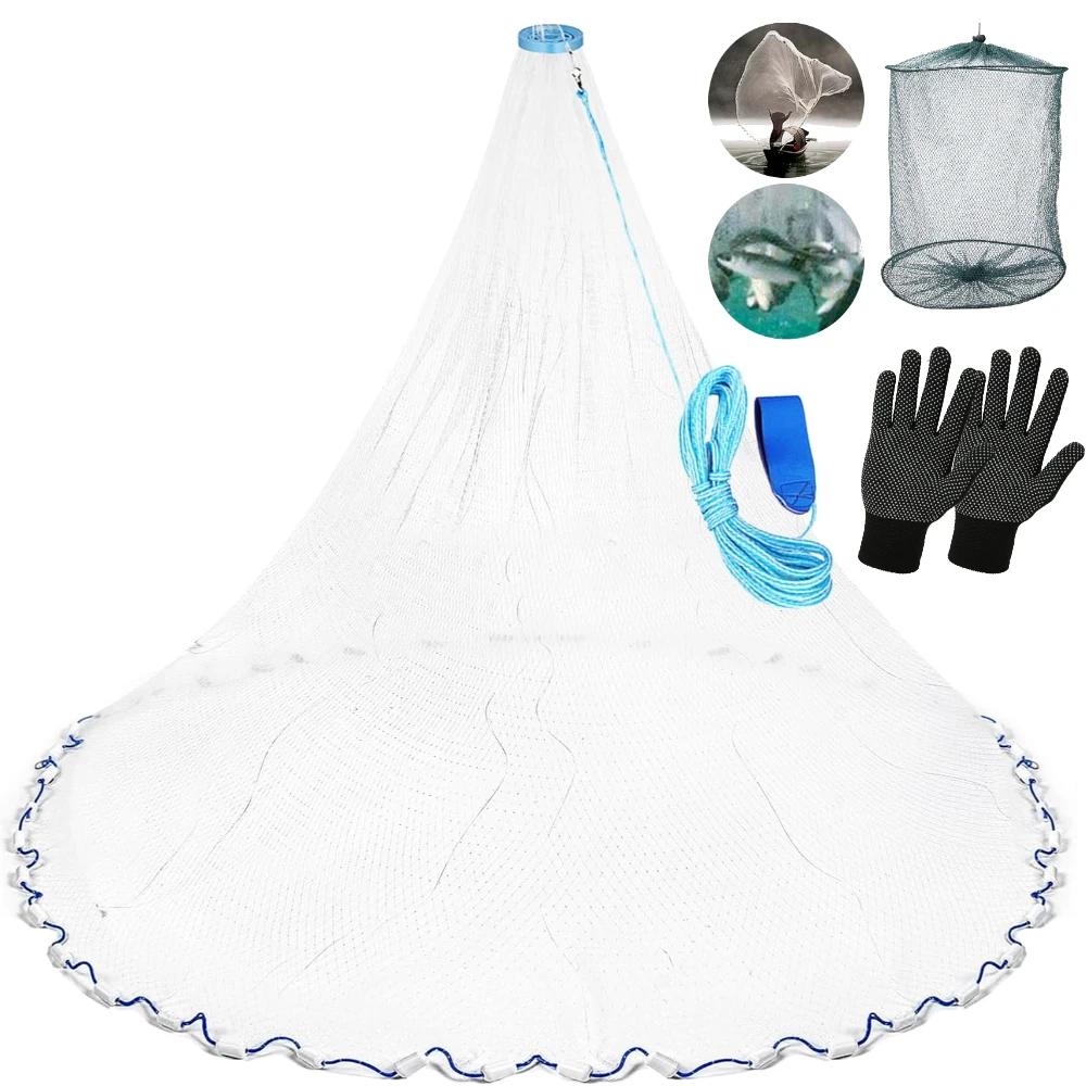 Handmade American Cast Net 3ft-10ft Radius Casting Net for Saltwater Freshwater Easy Throw Monofilament Bait Trap With Gloves