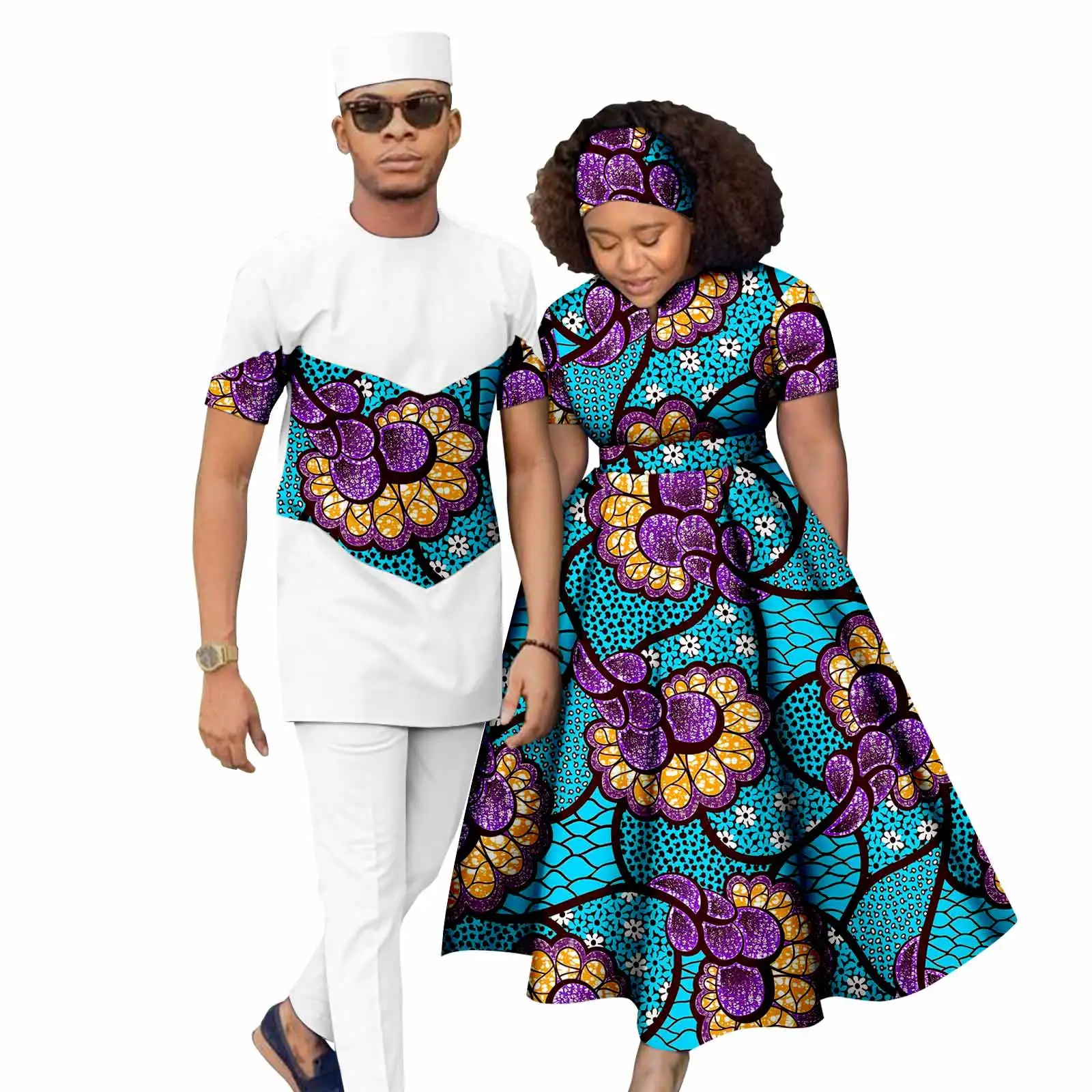 African Print Long Dresses for Women Matching Men Outfits Cap Patchwork Top and Pant Sets Dashiki Couple Clothes Kaftan Y23C052