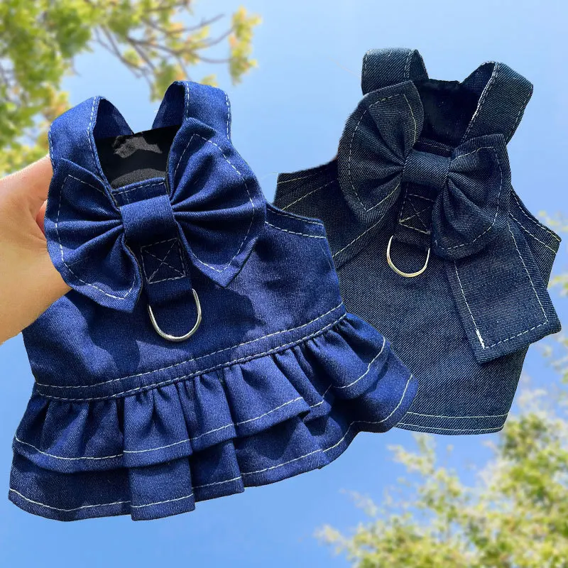 

Summer Small Dog Denim Dresses Puppy Cat Clothes with Leash Ring Cute Bowtie Cat Costume Doggy Kitten Walking Harness Dress