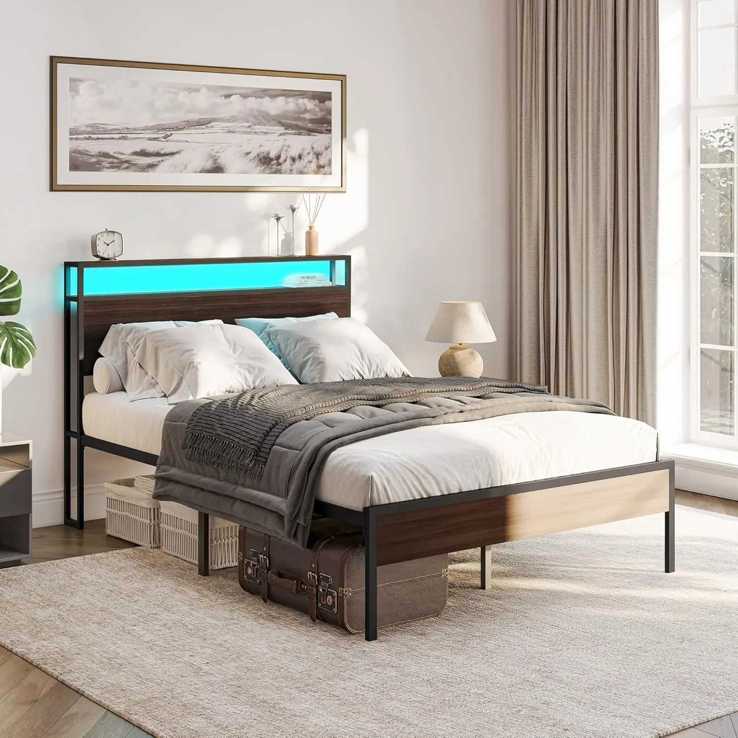 

Full Size Bed Frame with 2-Tier Storage Headboard, Sturdy Metal Platform Bed Frame with Remote Control RGB LED Light