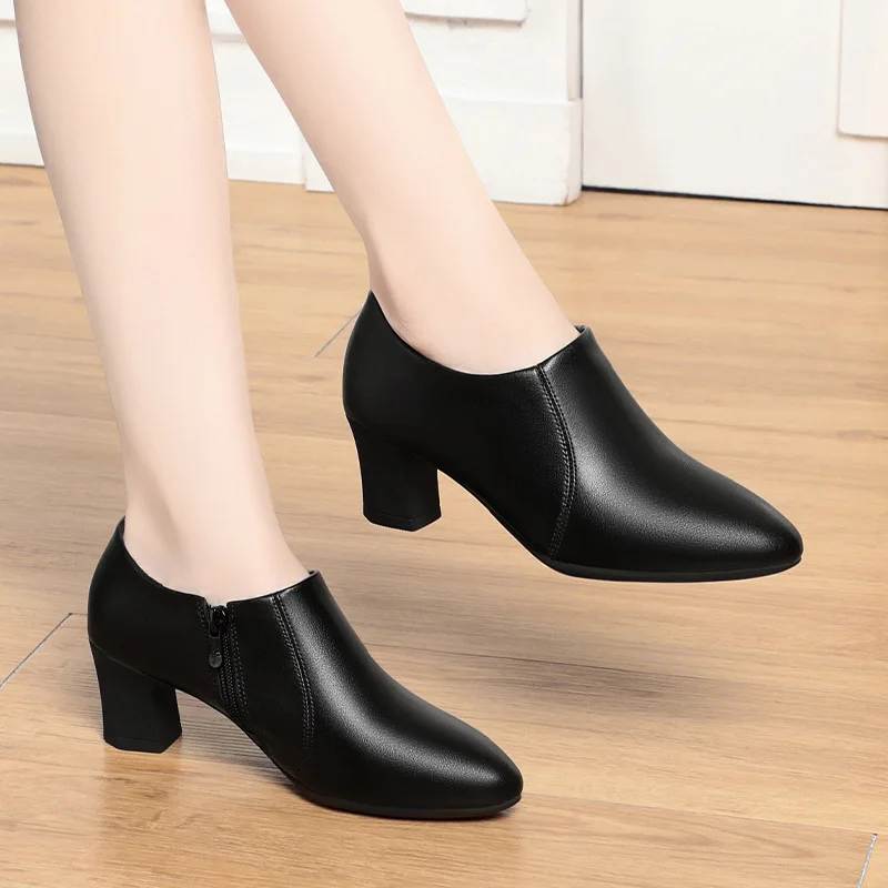 7cm Comfortable Fashion Soft Leather Shoes Women Pumps Fall 2025 Med Block Heels Shoes Gladiator for Office Mom Work