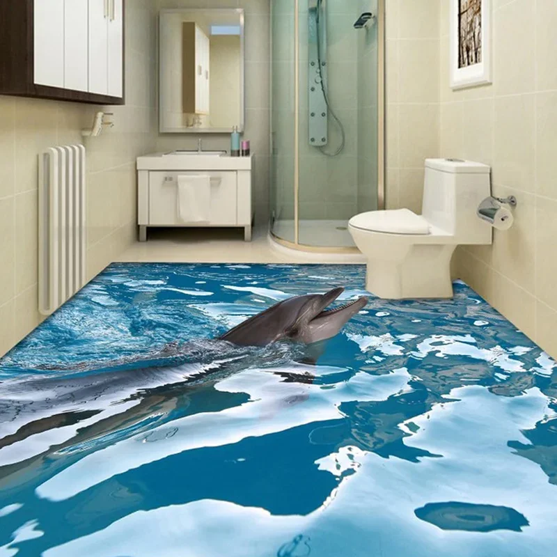 

Custom 3D Floor Wallpaper Wall Water Dolphin Bathroom Floor Sticker Paper Wear Non-slip Waterproof Self-adhesive PVC Mural