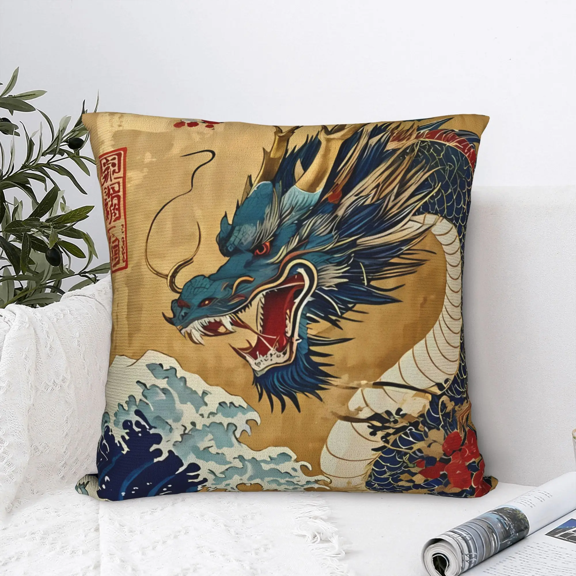 Mythical Beast Design Pillow Cover, Blue Dragon and Ocean Scene Graphic Cushion Case for Living Room Bedroom Home Decor Gift