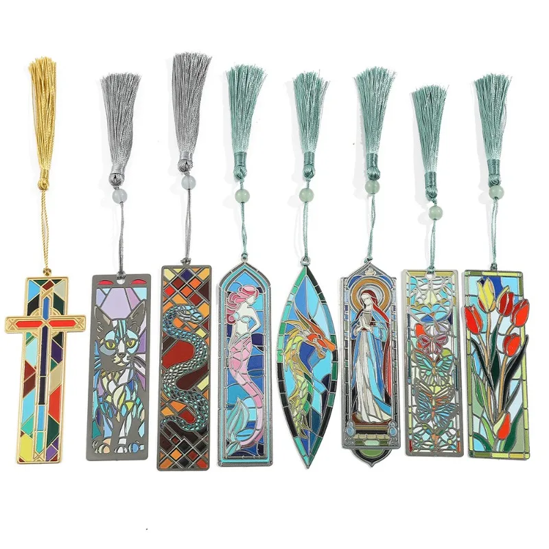 European American Window Grid Oil Painting Style Metal Bookmark Elegant Tassel Pendant Decor Page Marker Vintage Literary