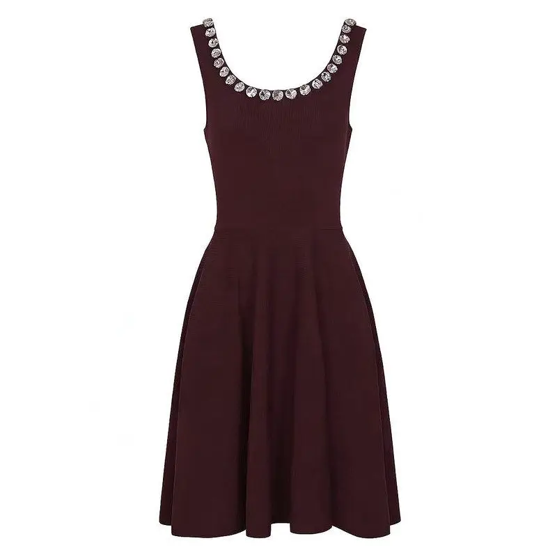 

Fashionable Summer New Style Knitted Sleeveless Vest Diamond Embellished Dress High Waist A-Line Silhouette Elegant Quality